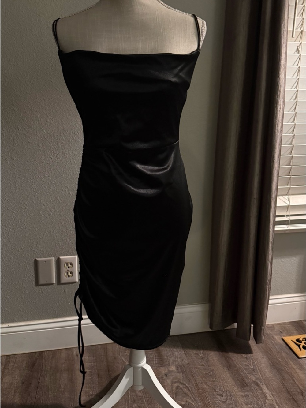 Black Satin Ruched Slip Midi Dress